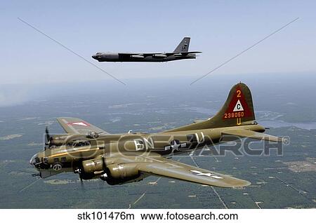 A B-17G Flying Fortress participates in a heritage flight with a B-52H Stratofortress. View Large Photo Image Picture - A B-17G Flying Fortress participates in a heritage flight with a B-52H Stratofortress.. Fotosearch