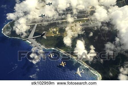 Picture - A B-52 Stratofortress leads a formation of aircraft over Guam.. Fotosearch