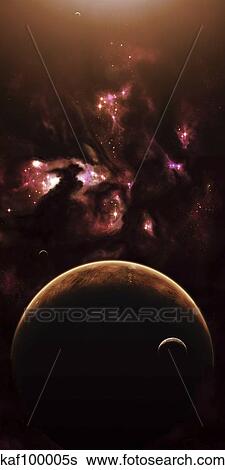 A barren world passes in front of a large and complex nebula. View Large Illustration Stock Illustration - A barren world passes in front of a large and complex nebula.. Fotosearch