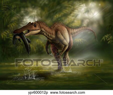 Stock Illustration - A Baryonyx dinosaur catches a fish out of water.. Fotosearch