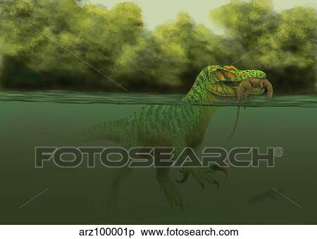 A Baryonyx escapes swimming from a brawl with a Hypsilophodon in his mouth. View Large Illustration Stock Illustration - A Baryonyx escapes swimming from a brawl with a Hypsilophodon in his mouth.. Fotosearch