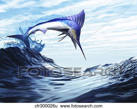 Stock Illustration - A beautiful blue marlin bursts through a wave in a spectacular jump.. Fotosearch