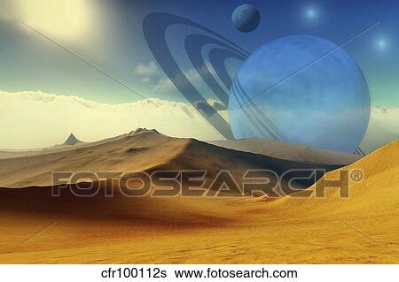 A beautiful desert planet and its moons. View Large Illustration Stock Illustration - A beautiful desert planet and its moons.. Fotosearch