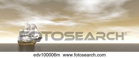 A beautiful old merchant ship sailing in the ocean. View Large Illustration Stock Illustration - A beautiful old merchant ship sailing in the ocean.. Fotosearch