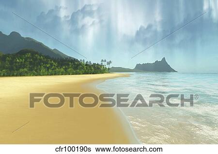 Stock Illustration - A beautiful tropical island with palm trees.. Fotosearch