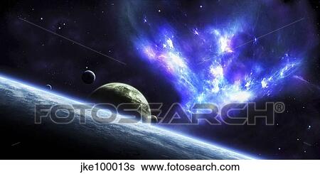 A bird-shaped nebula watches over a group of planets. View Large Illustration Stock Illustration - A bird-shaped nebula watches over a group of planets.. Fotosearch