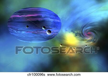 Stock Illustration - A black hole gobbles up planets down its vortex.. Fotosearch