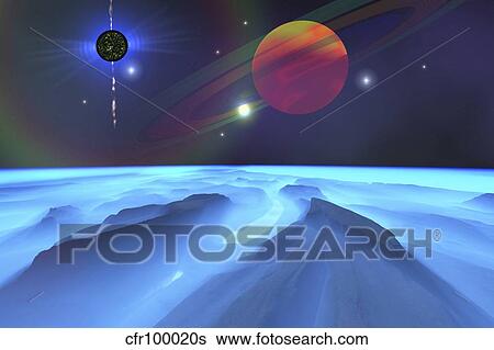 A blue fog envelops the mountains on this alien planet. View Large Illustration Stock Illustration - A blue fog envelops the mountains on this alien planet.. Fotosearch