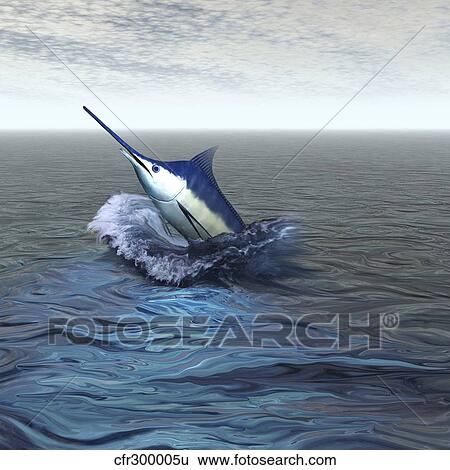Stock Illustration - A Blue Marlin bursts from the ocean in a great slash of water.. Fotosearch