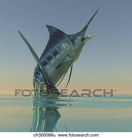 A Blue Marlin bursts from the ocean surface in a grand leap. View Large Illustration Stock Illustration - A Blue Marlin bursts from the ocean surface in a grand leap.. Fotosearch