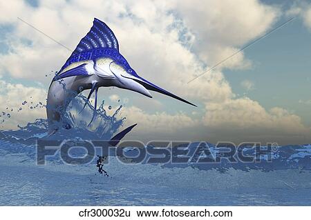 A Blue Marlin shows off his beautiful colors when bursting from the ocean. View Large Illustration Stock Illustration - A Blue Marlin shows off his beautiful colors when bursting from the ocean.. Fotosearch