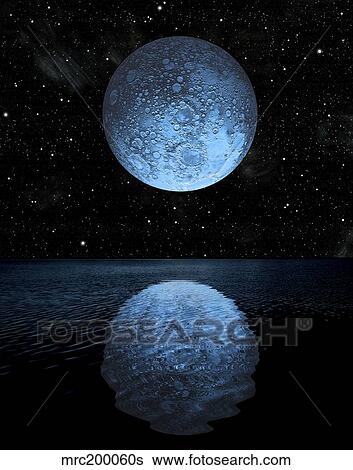 Stock Illustration - A blue moon rising over a calm alien ocean with a starry sky as a backdrop.. Fotosearch