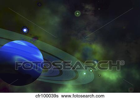 A blue ringed planet and nearby stars. View Large Illustration Stock Illustration - A blue ringed planet and nearby stars.. Fotosearch