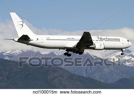 A Boeing 767 of Blue Panorama Airlines flying over Italy. View Large Photo Image Picture - A Boeing 767 of Blue Panorama Airlines flying over Italy.. Fotosearch