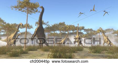 Stock Illustration - A Brachiosaurus herd grazing on treetops.. Fotosearch