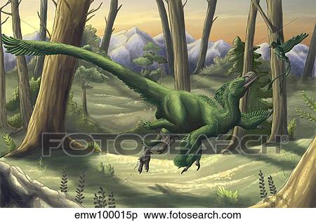A bright green Velociraptor runs through a prehistoric forest. View Large Illustration Stock Illustration - A bright green Velociraptor runs through a prehistoric forest.. Fotosearch