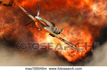 A British Supermarine Spitfire bursting through explosive flames. View Large Illustration Stock Illustration - A British Supermarine Spitfire bursting through explosive flames.. Fotosearch