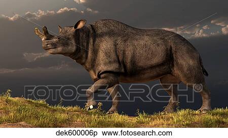Stock Illustration - A Brontotherium walking atop a grassy hill.. Fotosearch