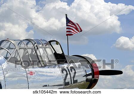 A BT-13 Valiant trainer aircraft with American Flag. View Large Photo Image Picture - A BT-13 Valiant trainer aircraft with American Flag.. Fotosearch