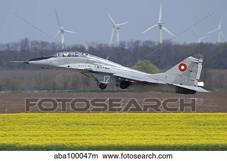 A Bulgarian Air Force MiG-29UB aircraft taking off. View Large Photo Image Picture - A Bulgarian Air Force MiG-29UB aircraft taking off.. Fotosearch