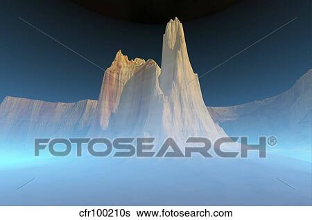 Stock Illustration - A canyon mountain is surrounded by mysterious blue mist.. Fotosearch