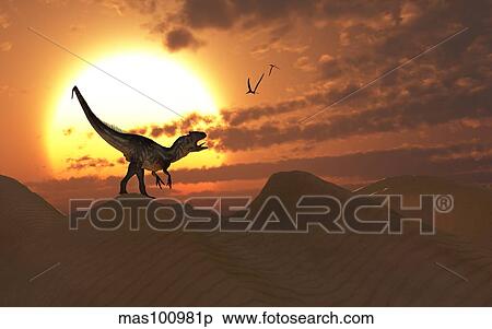 A carnivorous Allosaurus calling out across a desert landscape. View Large Illustration Stock Illustration - A carnivorous Allosaurus calling out across a desert landscape.. Fotosearch