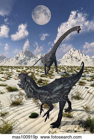 A carnivorous Allosaurus confronting a giant Diplodocus. View Large Illustration Stock Illustration - A carnivorous Allosaurus confronting a giant Diplodocus.. Fotosearch