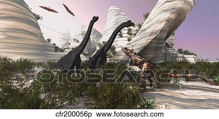 Stock Illustration - A Carnotaurus dinosaur approaches two Brachiosaurus for a battle.. Fotosearch