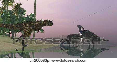 Stock Illustration - A Carnotaurus dinosaur attacks two Parasaurolophus dinosaurs.. Fotosearch