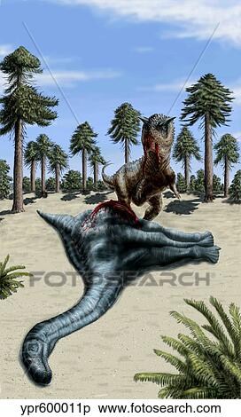 Stock Illustration - A Carnotaurus eating the flesh of a dead Chubutisaurus.. Fotosearch