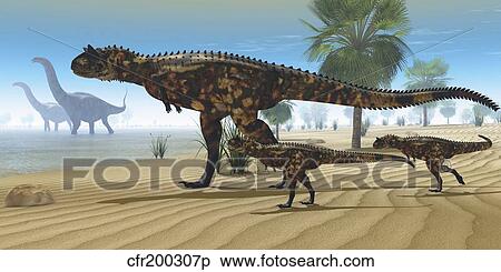 Stock Illustration - A Carnotaurus mother brings her offspring down to a river to drink.. Fotosearch