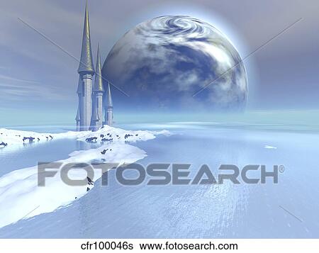 A castle sits near the ocean on this beautiful world. View Large Illustration Stock Illustration - A castle sits near the ocean on this beautiful world.. Fotosearch