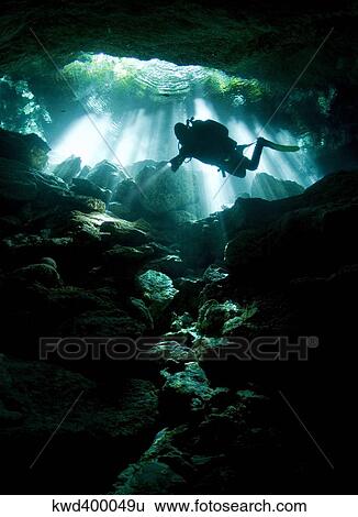 Stock Photograph - A cavern diver enters the Taj Mahal cenote system on Mexico's Yucatan Peninsula.. Fotosearch