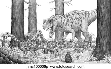 Stock Illustration - A Ceratosaurus chasing young Apatosaurus dinosaurs.. Fotosearch
