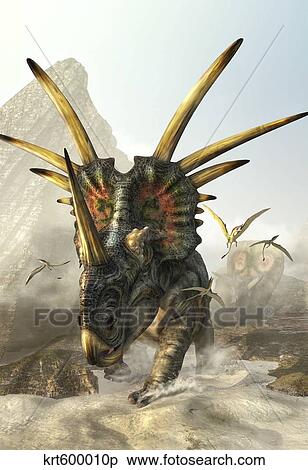 A charging Styracosaurus. View Large Illustration Stock Illustration - A charging Styracosaurus.. Fotosearch