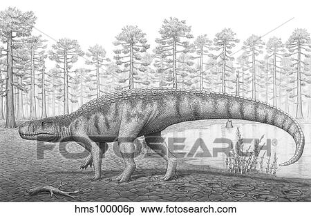 Stock Illustration - A Chirotherium roams a prehistoric era landscape.. Fotosearch