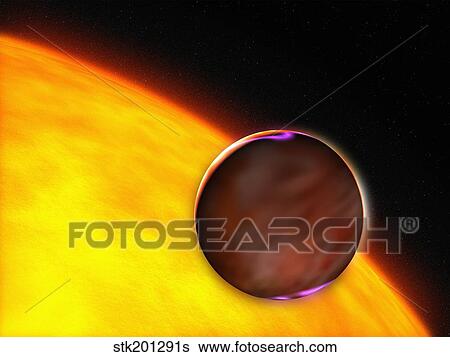 A close-up of an extrasolar planet passing in front of a Sun-like star. View Large Illustration Stock Illustration - A close-up of an extrasolar planet passing in front of a Sun-like star.. Fotosearch
