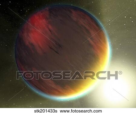Stock Illustration - A cloudy Jupiter-like planet that orbits very close to its fiery hot star.. Fotosearch