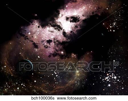 a cluster of bright young stars tear away clouds of gas and dust. View Large Illustration Stock Illustration - a cluster of bright young stars tear away clouds of gas and dust.. Fotosearch
