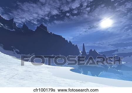 Stock Illustration - A cold winter night on this beach has a full moon.. Fotosearch