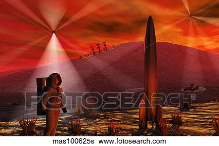 A colony being established on an alien red planet. View Large Illustration Stock Illustration - A colony being established on an alien red planet.. Fotosearch