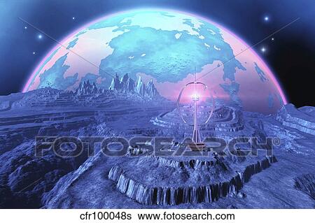A colony on an alien moon with a beautiful planet in its sky. View Large Illustration Stock Illustration - A colony on an alien moon with a beautiful planet in its sky.. Fotosearch