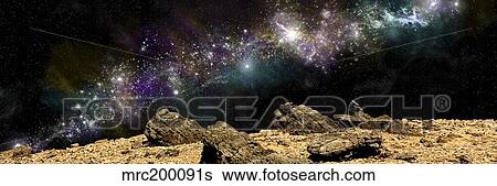 A colorful nebula above a rocky and barren alien world. View Large Illustration Stock Illustration - A colorful nebula above a rocky and barren alien world.. Fotosearch