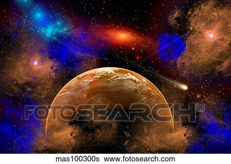 Stock Illustration - A colorful star system illuminated by different colored nebula gases.. Fotosearch