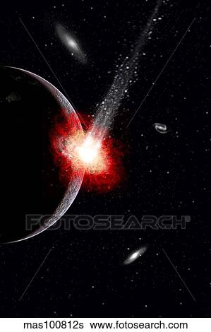 Stock Illustration - A comet hitting an alien planet.. Fotosearch