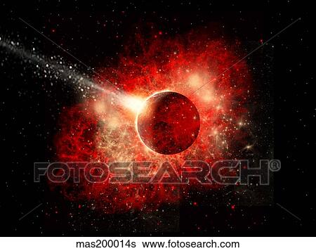 Stock Illustration - A comet hitting an alien world with devastating effect.. Fotosearch