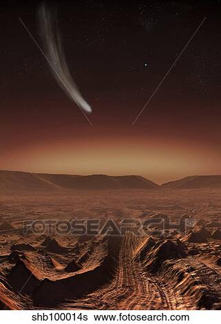 Stock Illustration - A comet lights up the landscape of Candor Chasma over Mars.. Fotosearch