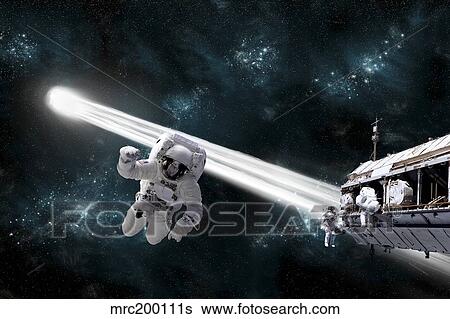 A comet passes dangerously close to astroanuts working on space station. View Large Illustration Stock Illustration - A comet passes dangerously close to astroanuts working on space station.. Fotosearch