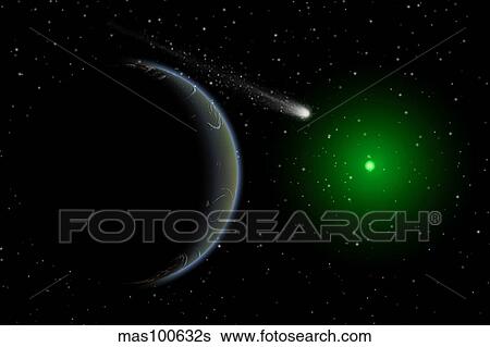 A comet passing a distant alien world. View Large Illustration Stock Illustration - A comet passing a distant alien world.. Fotosearch