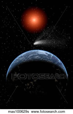 A comet passing the Earth on its return journey from around the Sun. View Large Illustration Stock Illustration - A comet passing the Earth on its return journey from around the Sun.. Fotosearch